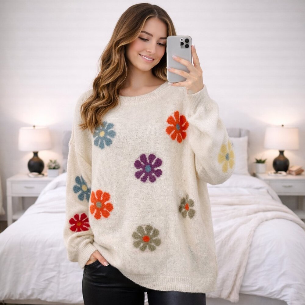Easel Oversized Floral Embroidered Knit Slouchy Colorful Sweater Top Medium